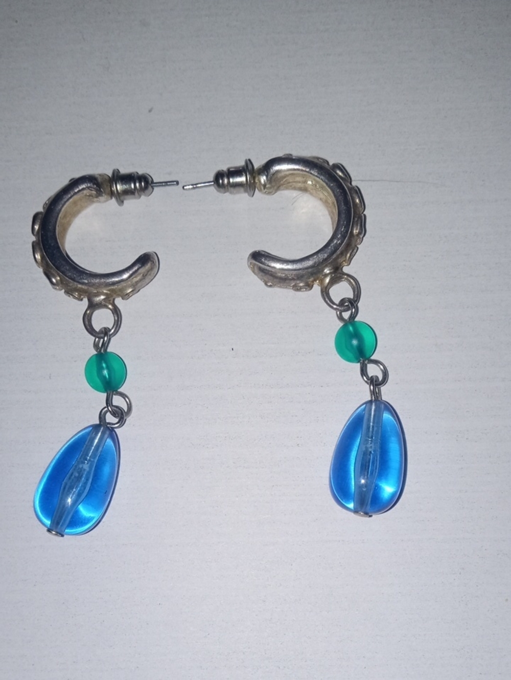 Silver-Tone Hoop Drop Earrings with Blue Teardrop and Green Bead